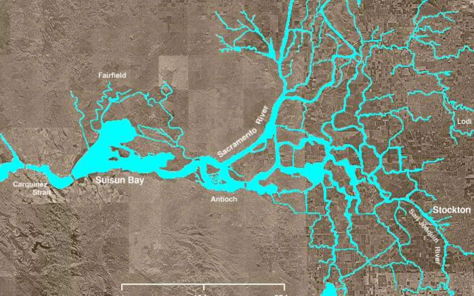 Aerial view of the Sacramento-San Joaquin Delta waterways and agricultural landscape